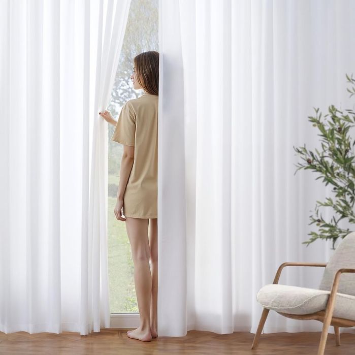 Perdele Voal Albe Semi-Transparente Set 2 Buc