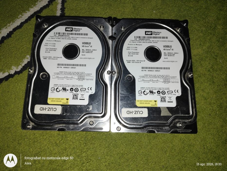 Hardisk . Set de 2 WD 80GB bucata. Amândouă combinate fac 160gb! Bune pentru stații retro,PC/server pentru a stoca poze,videouri
