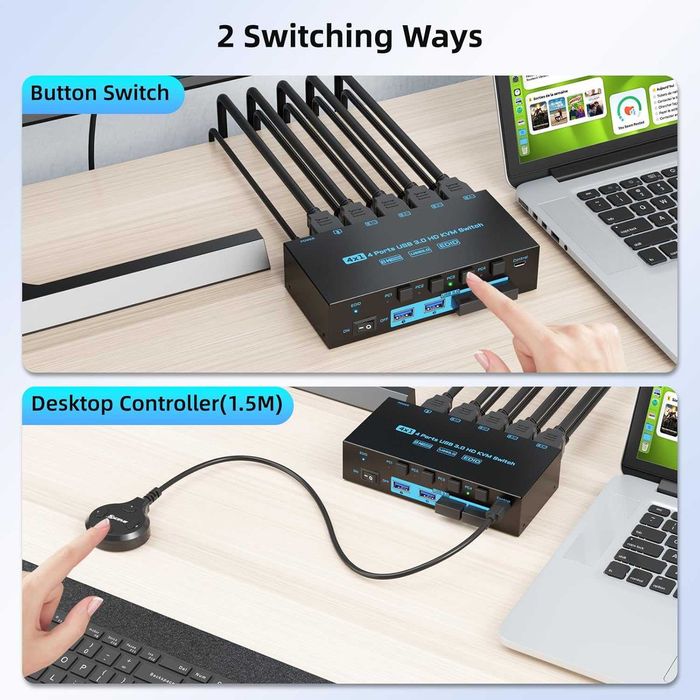 Switch KVM HDMI 2.1 8K 60Hz 4K 144Hz 4 Porturi PC 1 Monitor Hub USB 3.0 5Gbps DXchip Emulator EDID Telecomanda Fir Carcasa Metalica Gaming Produs Nou