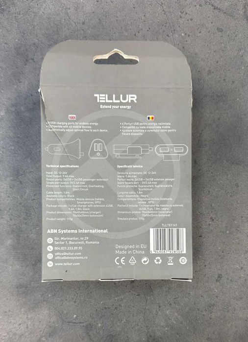 Tellur incarcator auto 4USB 9.6A 1.8m negru [#7800#]