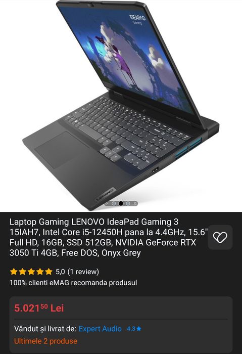 Laptop Gaming Lenovo IdeaPad Gaming 3 15IAH7 – NOU, Sigilat