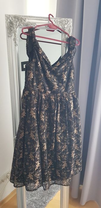 Rochie Iska evazata cu aplicatii de paiete, Negru/Maro bronz, XS