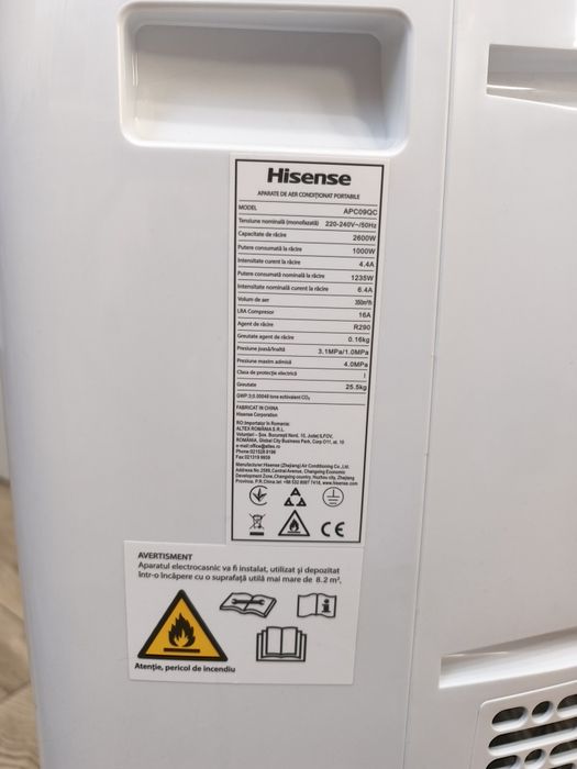 Aer conditionat portabil HISENSE APH09QC, 9000 BTU, A/A+, Functie Wi-Fi, kit instalare inclus, GARANTIE 2 ANI