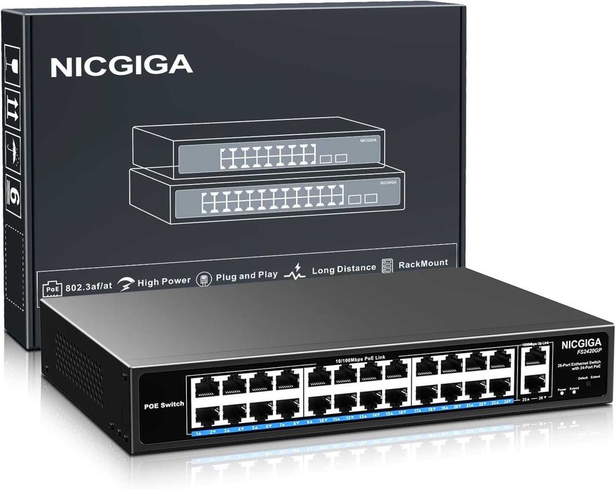 Switch retea ethernet PoE NICGIGA FS2420GP 24 port neadministrat PoE+ / 400W,2 port Gigabit Uplink mod VLAN montare în rack de 19 inch plug and play