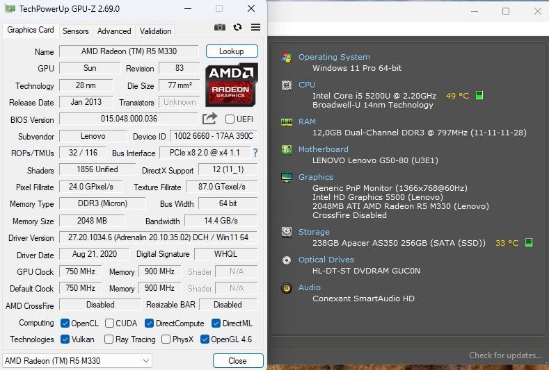 Laptop Lenovo G50-80 i5 5200u 2,2Ghz, 12GB, 256GB SSD, Video R5 M330 2GB, Win11 Office 2024