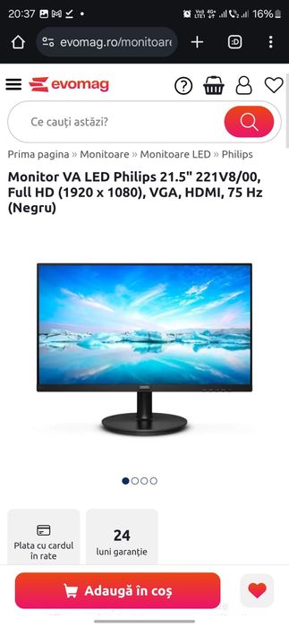 Monitor VA LED Philips 21.5" 75HZ sigilat