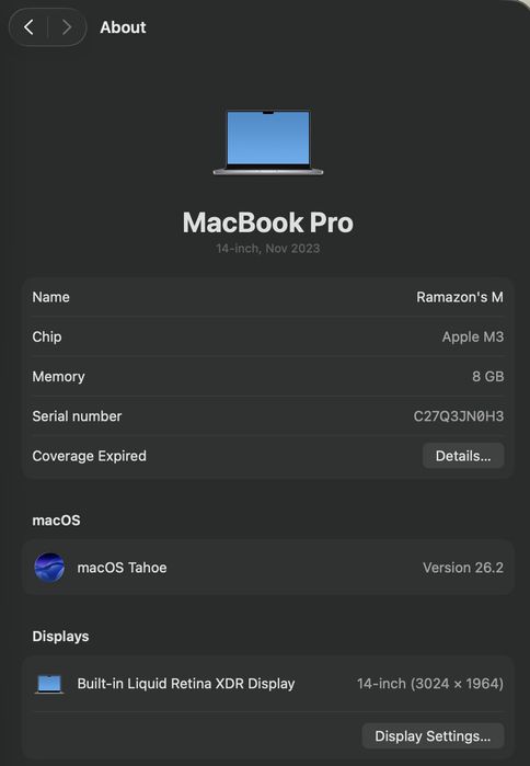 Mac pro, m3, 8g, 14inch, 512