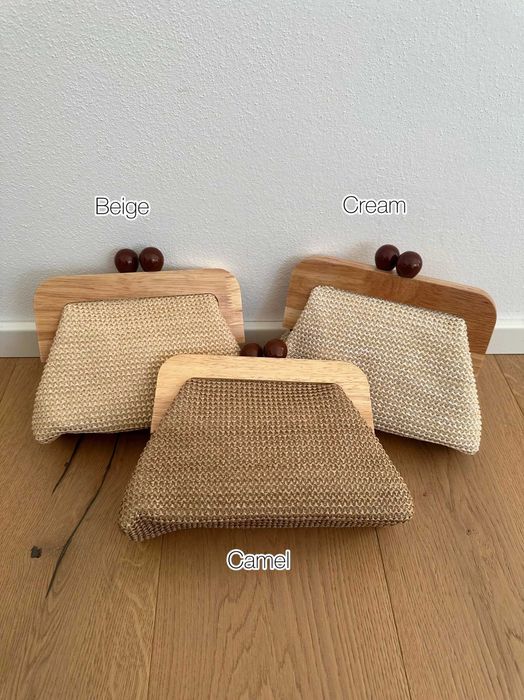 Geanta clutch dama eleganta rafie + lemn + lant auriu- Made in Italy