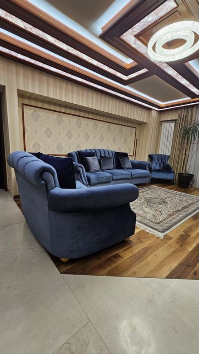 Set canapele Divani 3 locuri + 2 locuri + fotoliu, catifea albastru