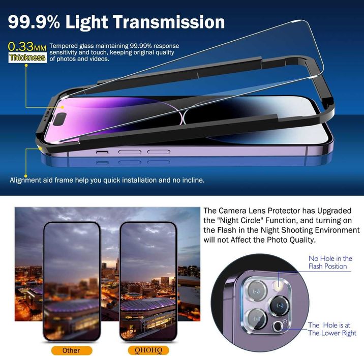 QHOHQ 3 стъклен протектор + 3 защита за камера iPhone 14 Pro Max 6.7"