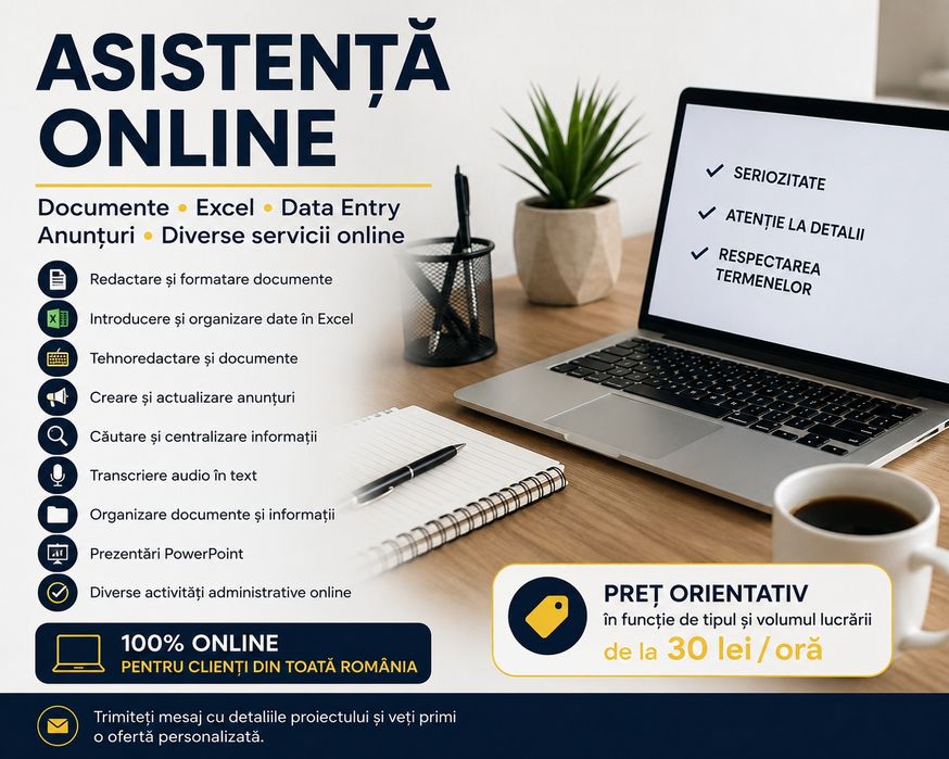 Asistență online – redactare documente, Excel, data entry