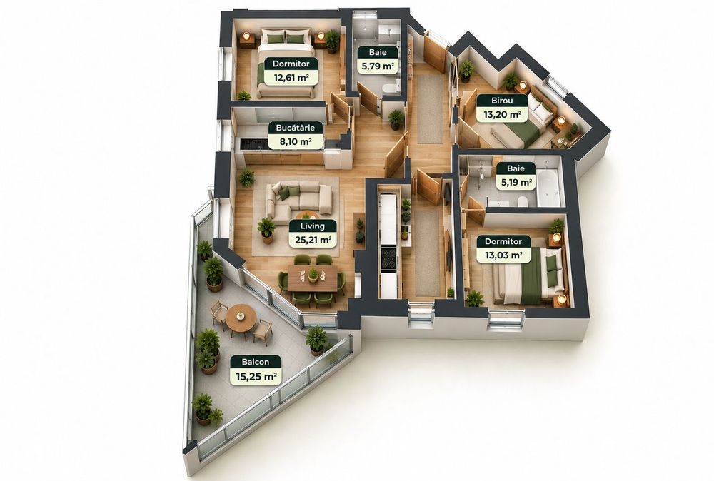 Apartament 3 camere, 74,7 mp + balcon de 15 mp COMISION 0%