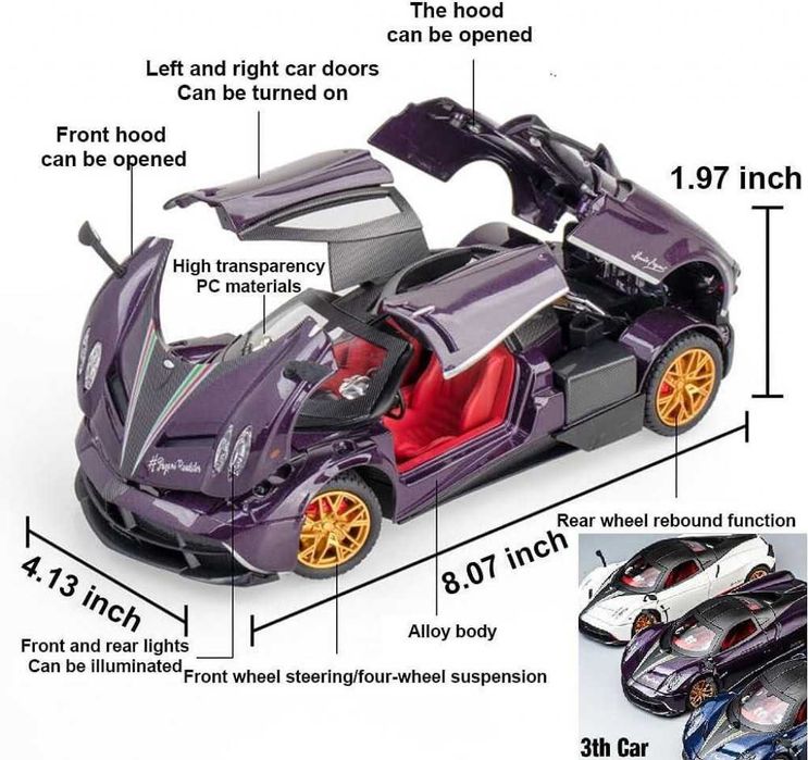 Метална количка Pagani с пушек, звук и светлина/3 ЦВЯТА