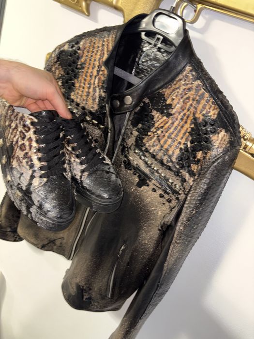 Python Snake Real Leather Jacket Ciprian Cozma M unicat pictata manual designer premium Geaca piele sarpe piton real handmade + adidasi piele piton 42