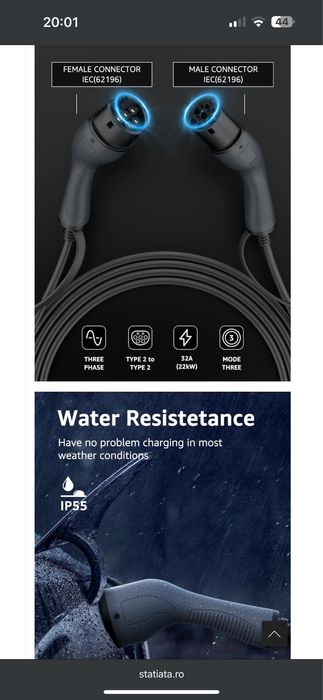 Cablu incarcare vehicule electrice, 10m, trifazat 22kW Type 2 / CCS2