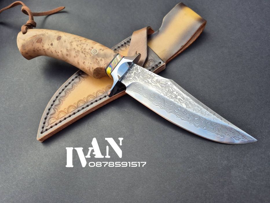 Ловен нож-Дамаска стомана VG10 с 67 слоя ламинат с кожена кания