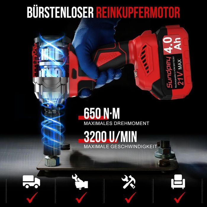 Cheie cu Impact Fără Fir 21V 650Nm cu 2 Baterii și Accesorii