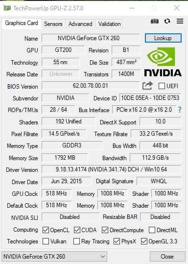 Placa video gaming vintage Nvidia GTX 260 1,8 Gb DDR3 448 bit