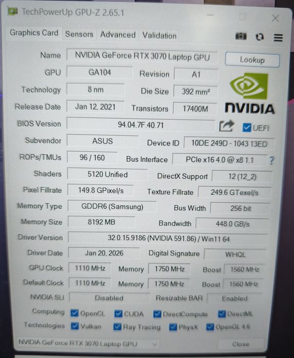 ASUS Tuf.RTX3070/Ryzen7 6800h/16gb ddr5/512gb ssd nvme/15.6"IPS 144Hz/