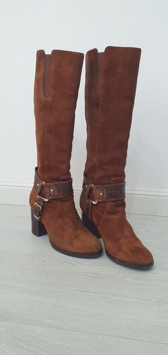 Cizme dama, din piele intoarsa, naturala, culoare maro, marimea 37