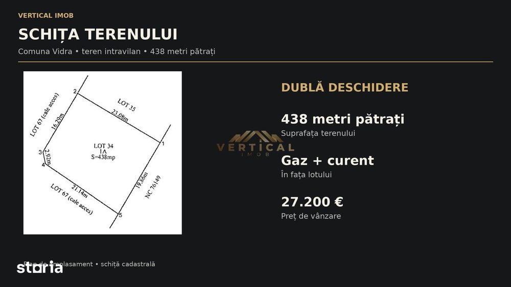 Teren intravilan Vidra, 438 mp | Dublă deschidere | Gaz și curent