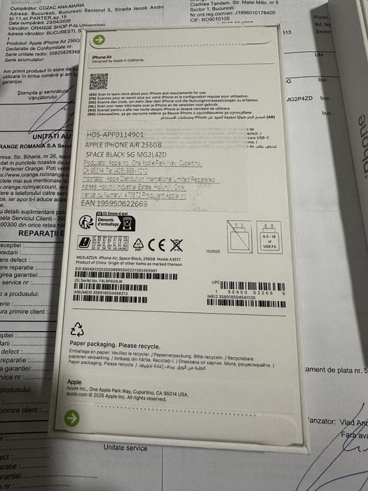 Apple iPhone Air 256GB 5G / Sky Blue - Sigilat Factura si Garantie 24 luni