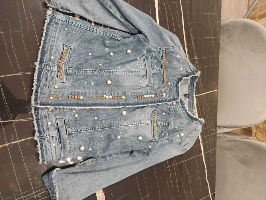 Оригинално дънково яке Liu•Jo Milano с перли и капси дамско, размер 44