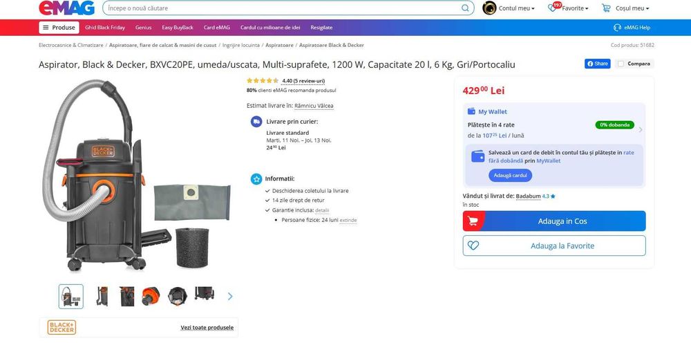 Aspirator, Black & Decker, BXVC20PE, umeda/uscata - Bidon Spart