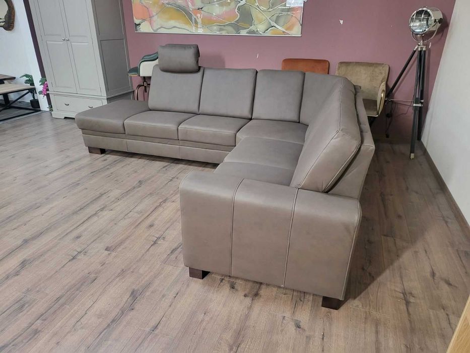 Кожен ъглов диван цвят кафяв Нуга ZE - EM05002