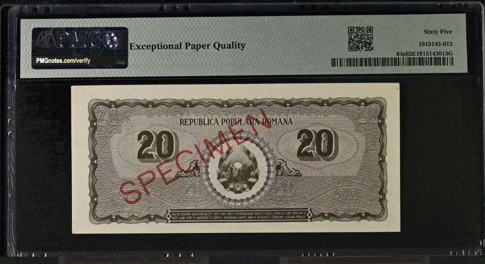 Bancnota gradata PMG 20 lei 1950 SPECIMEN
