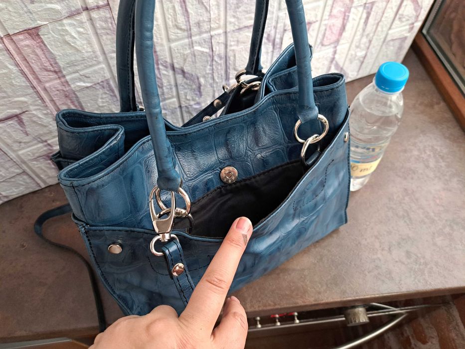 дамска чанта,кожена синя чанта-естествена кожа
