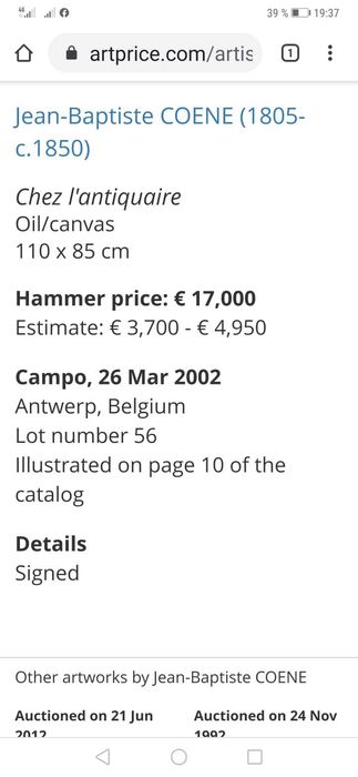 J B Coene, ulei pe panza, 53/46 cm, semnt, datat 1828, Belgia