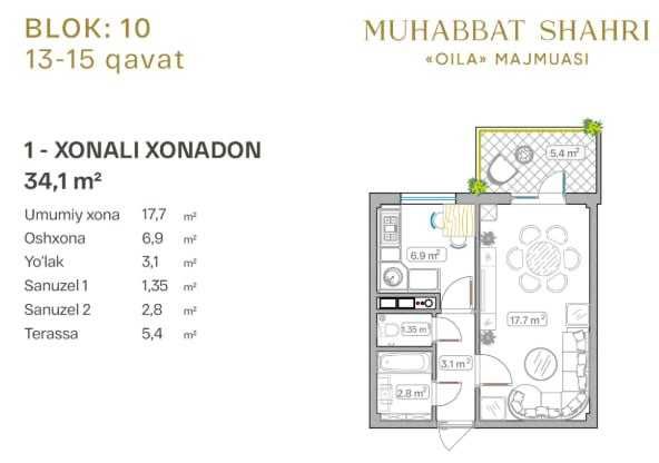Muhabbat Shahri ТЖМ, 1 хонали хонадон 34.1 Яшнобод тумани