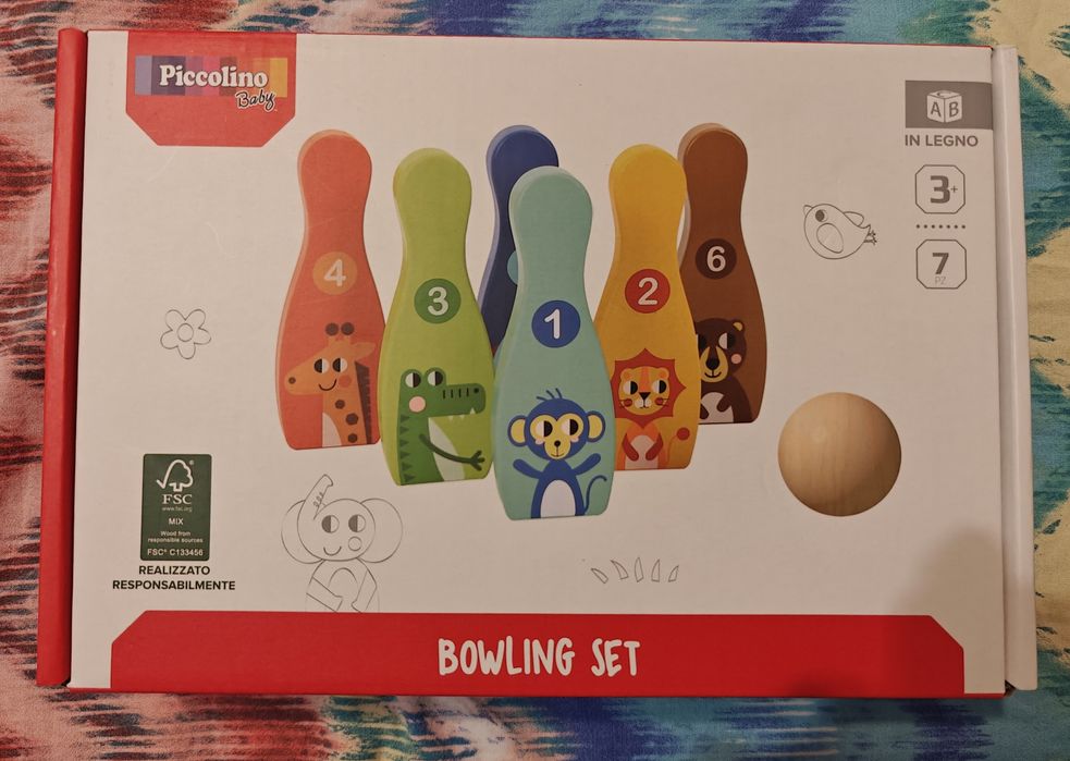 Jucarie educativa pentru copii Bowling din lemn, 3+