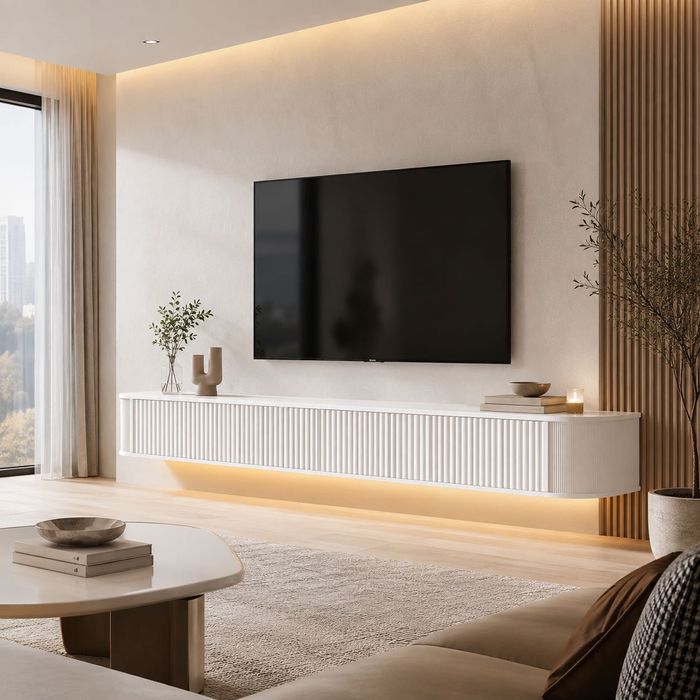 Comodă TV suspendată PURFINO 180 cm, LED RGB, alb, pentru TV 65–75