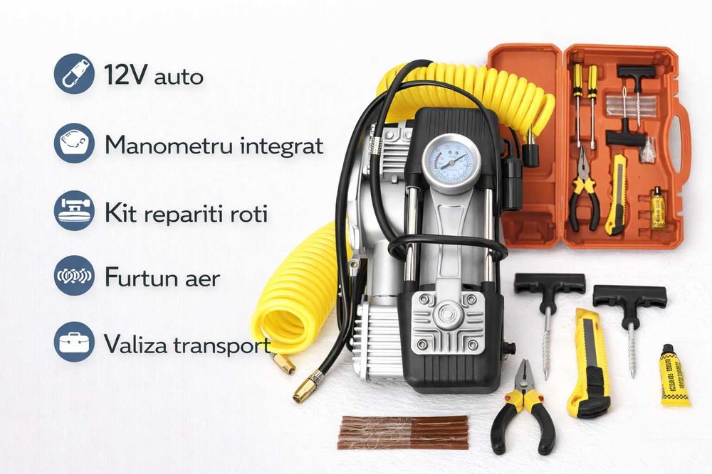 Trusa auto reparatii roti cu compresor 12V completa