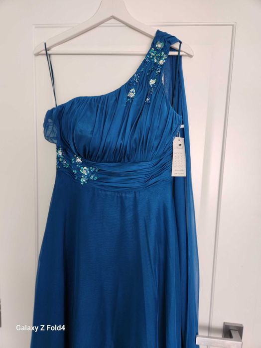 Rochie elegantă de seară albastru petrol – model pe un umăr, nouă