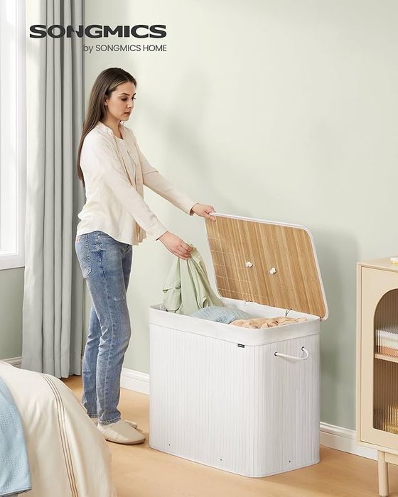 Кош за пране 170L, бамбук, сгъваем с капак и чанта за пране SONGMICS
