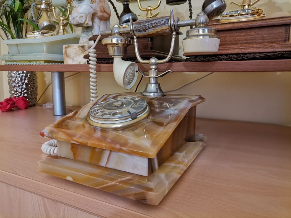 Нощна лампа Старинен ретро домашен телефон от бронз, мрамор и дърво