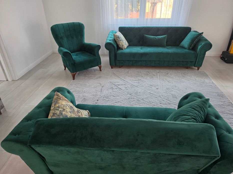 Canapele 3+2+1 verde stil catifea