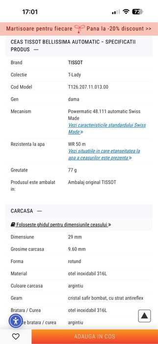 Ceas tissot Bellisima automatic nou- cu folie