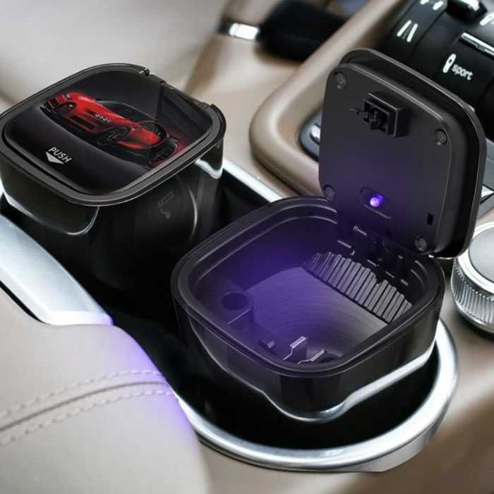Автомобилен пепелник с LED осветление - черен гланц