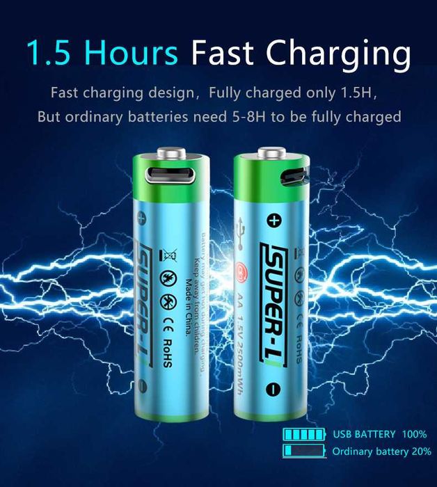 2 штук АА Li-ion батарейки 1.5V 2500 mWh USB с USB кабель (Super-L)