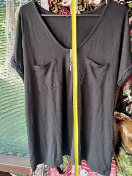 Tricou / Bluză casual de damă – Negru, decolteu în V cu fermoar, Mărimea L / XL