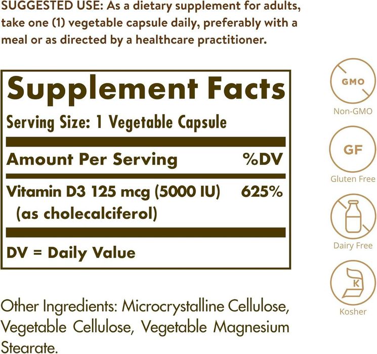 Витамин Д3 Solgar Vitamin D3 125 mcg (5000 IU), 240 Vegetable Capsules