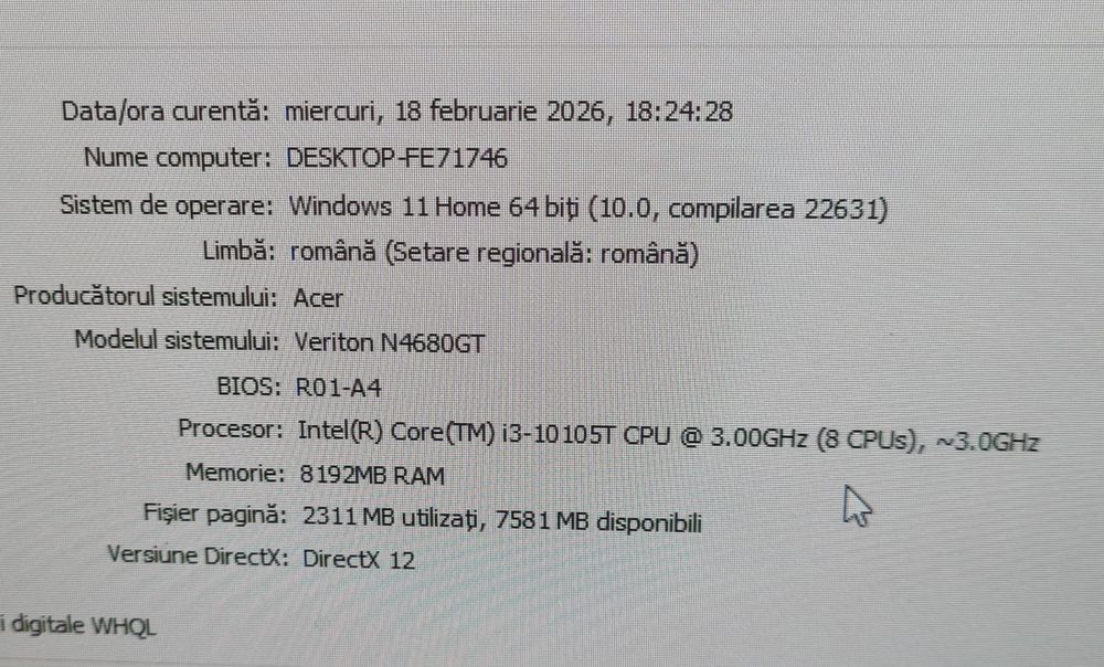 Mini PC Acer Veriton i3 10105T, 8 GB RAM, ssd 512 GB