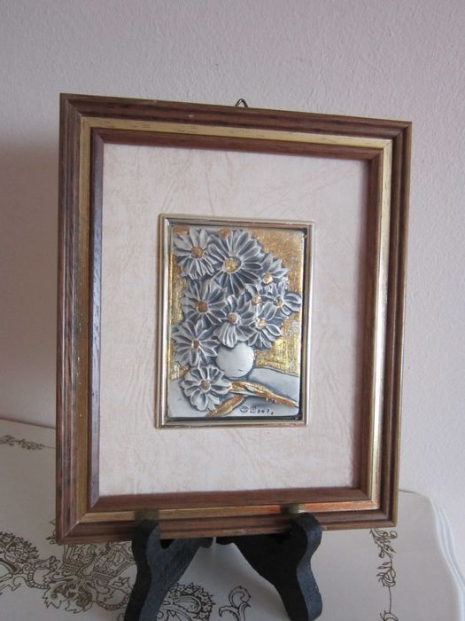 cadou rar tablou mic Flori pe placa argint 999, foita aur Italia 1960