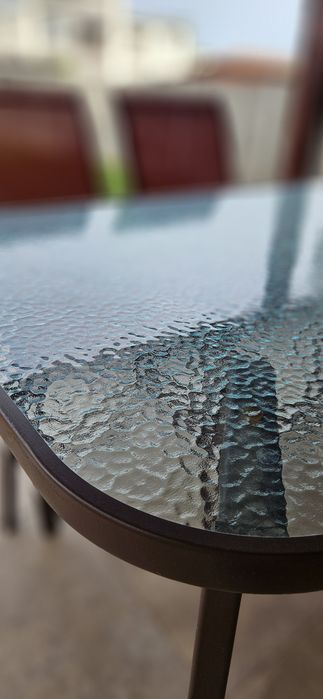 Set terasa / mobilier gradina cu masa fixa, dreptunghiulara, 6 scaune, pentru exterior, metal si textilen, rosu