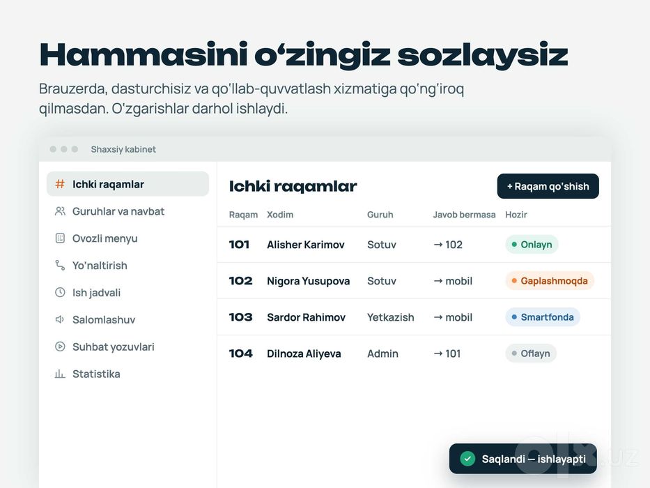 Biznes uchun IP-telefoniya — bitta raqam, yozuv, CRM
