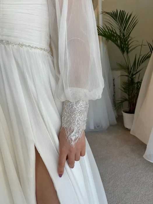 Rochie mireasă BOHO din mătase naturală, linie A, umeri goi, șliț + voal, potrivita pentru XS/34, S/36 sau M/38